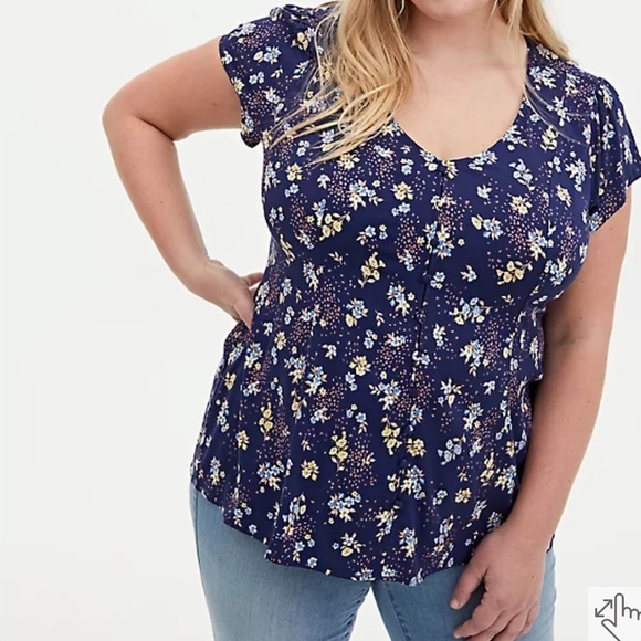 Torrid Navy Floral Stretch Challis Corset Back Blouse Size 00, Medium, 10 - Picture 1 of 16